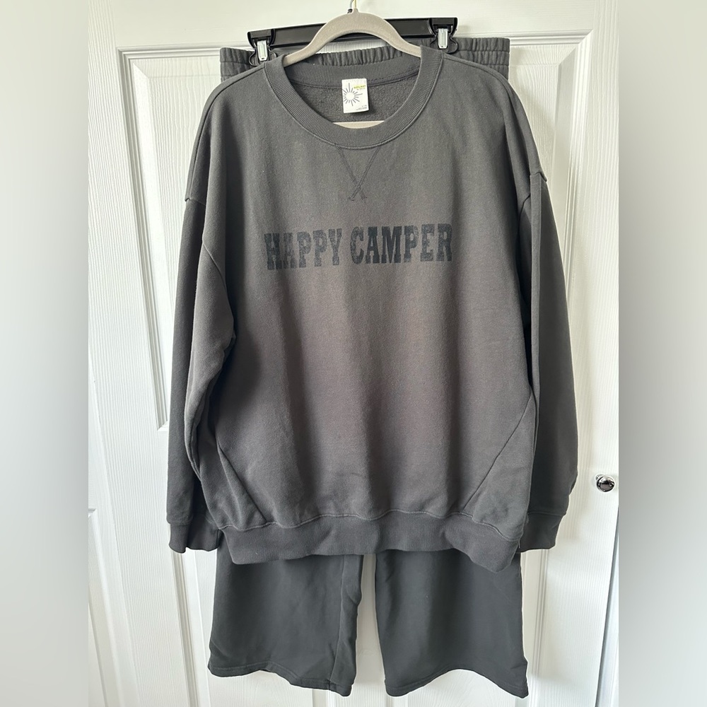 Aerie sweat set in black/dark grey size large crew neck sweatshirt wide leg pant